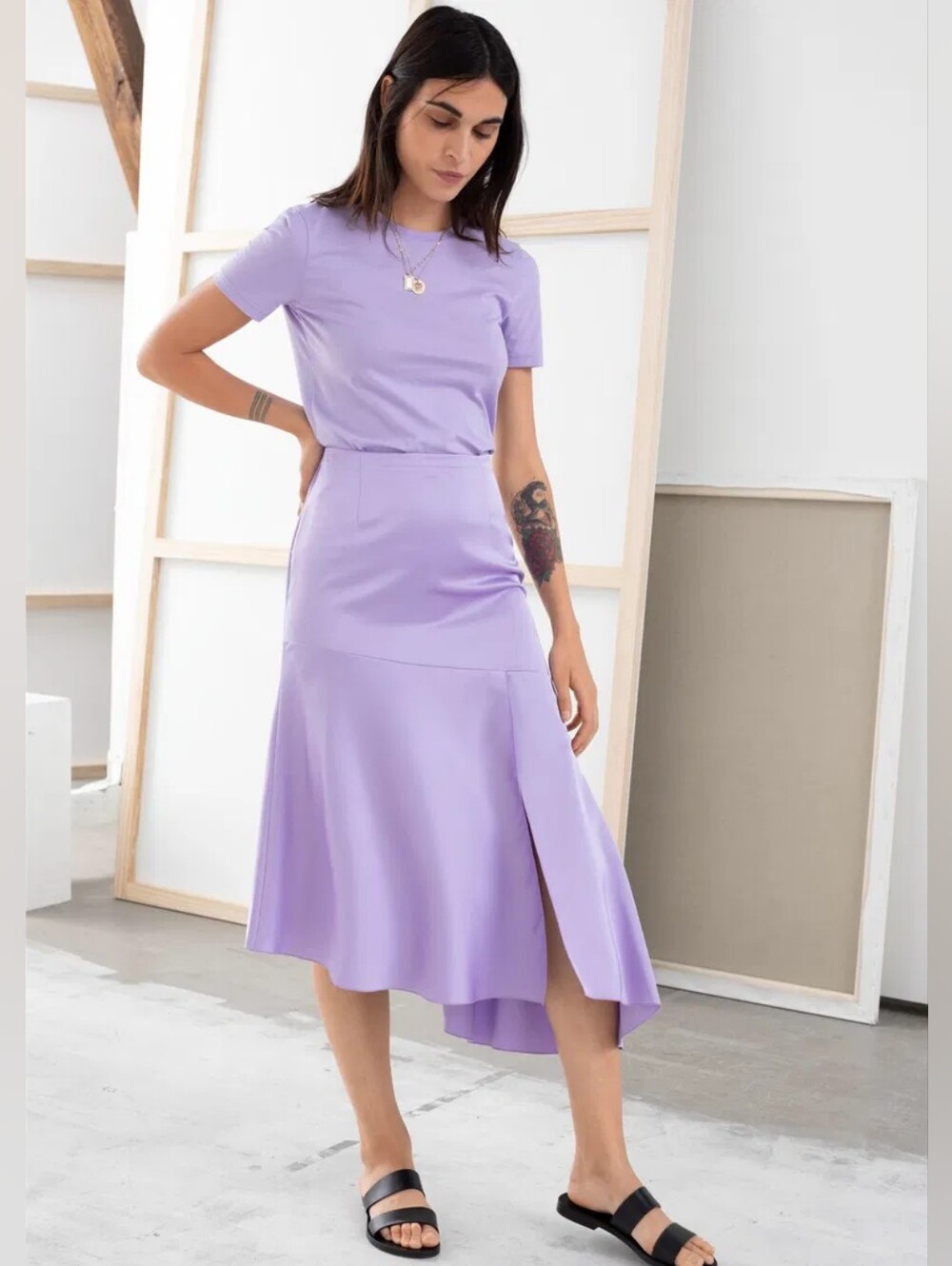 & Other Stories Stockholm Atelier Asymmetric Satin Midi Skirt Lilac Purple US 6